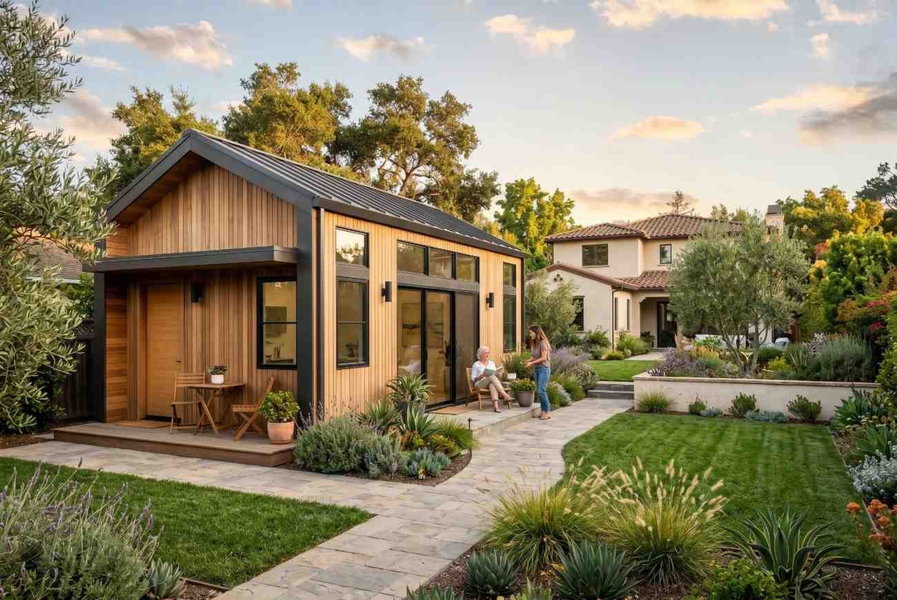 Modern backyard ADU with contemporary architecture, landscaped garden, and outdoor seating area, showcasing accessory dwelling unit design, sustainable living, multigenerational housing, property value enhancement, and compact residential construction in a suburban setting