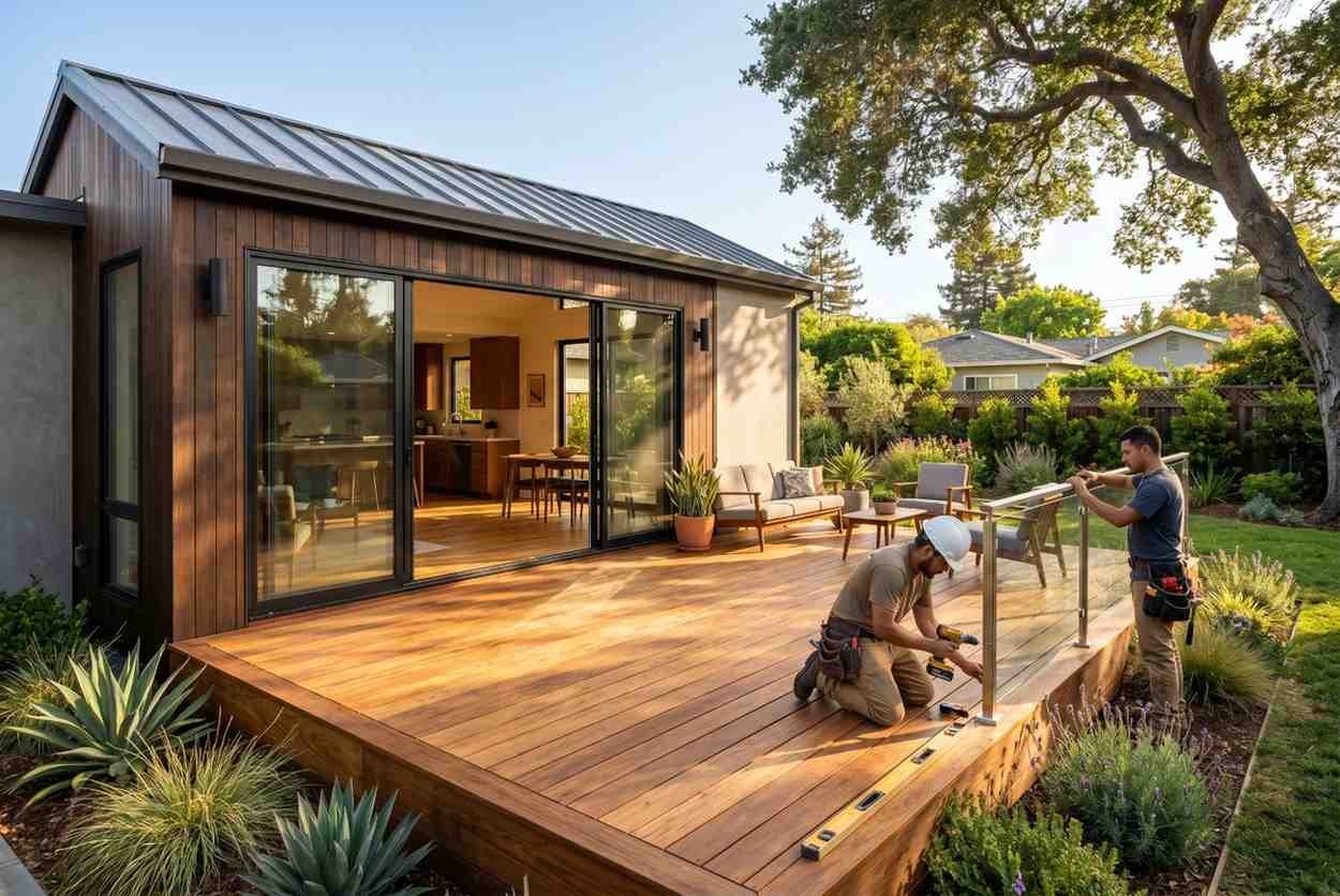 Contractors installing a glass railing on a custom outdoor deck beside a modern ADU, showcasing deck construction, backyard renovation, outdoor living space design, accessory dwelling unit development, and premium residential remodeling services for enhanced functionality and property value