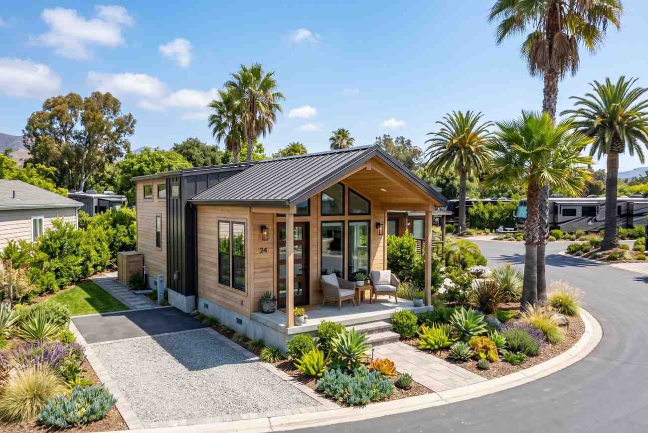 Modern tiny house with landscaped yard and covered porch, showcasing sustainable living, compact home design, energy-efficient construction, affordable housing solutions, and minimalist architecture in a well-planned residential community.