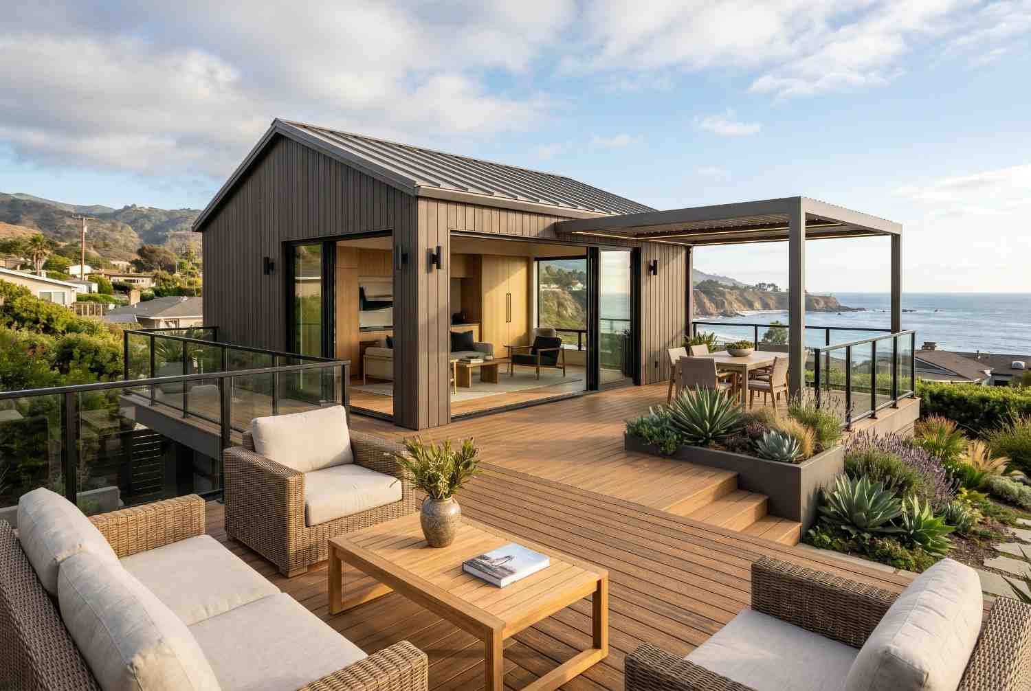 Modern coastal ADU with expansive outdoor deck, ocean views, and contemporary architecture, showcasing luxury accessory dwelling unit design, sustainable living, outdoor entertaining space, custom home construction, and premium coastal real estate development