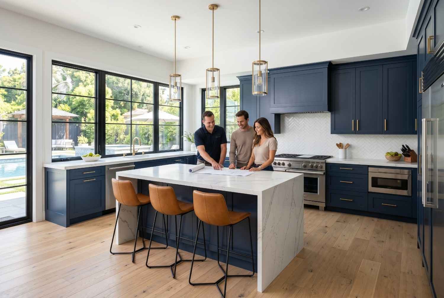 Homeowners reviewing plans with a contractor in a modern luxury kitchen featuring custom cabinetry, quartz island, and open-concept design, showcasing kitchen remodeling, home renovation, interior design, and premium residential construction services.