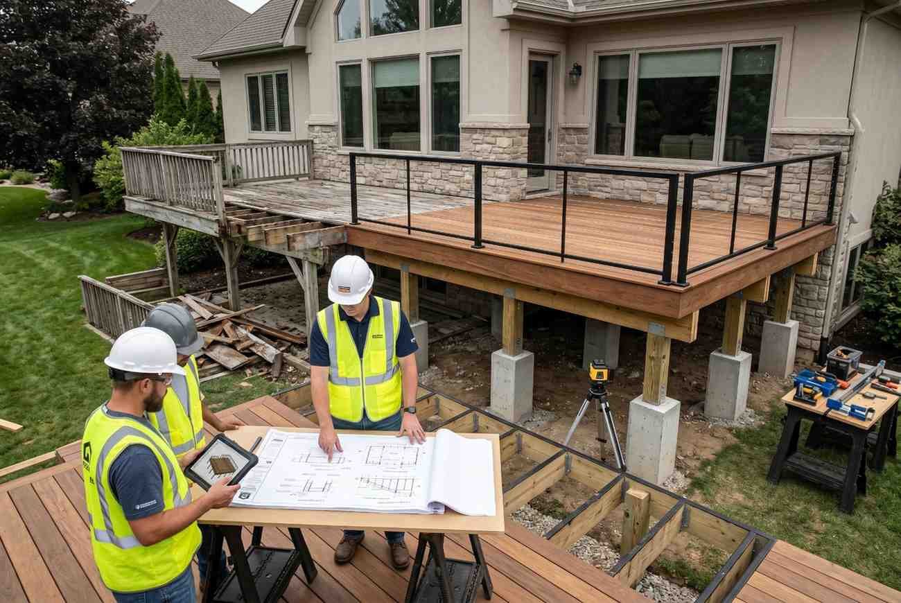 Deck construction contractors reviewing blueprints during a residential deck replacement project, showcasing custom deck design, structural planning, outdoor living space renovation, elevated deck installation, and professional home improvement services for enhanced functionality and property value.