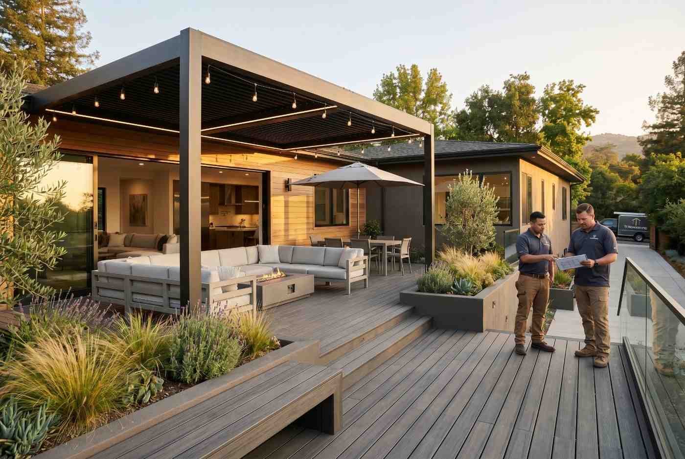 Modern outdoor living space featuring a custom composite deck, pergola, luxury patio furniture, and landscaped backyard, with contractors reviewing plans, showcasing deck construction, outdoor remodeling, residential design, and premium home improvement services.