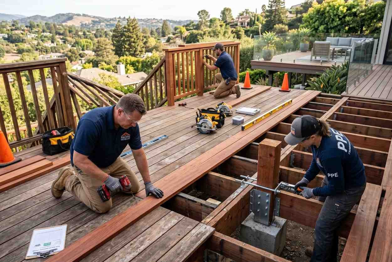Professional deck builders replacing and reinforcing an elevated wooden deck, showcasing deck restoration, structural repairs, custom railing installation, outdoor living space renovation, residential carpentry, and expert deck construction services for improved safety, durability, and property value.