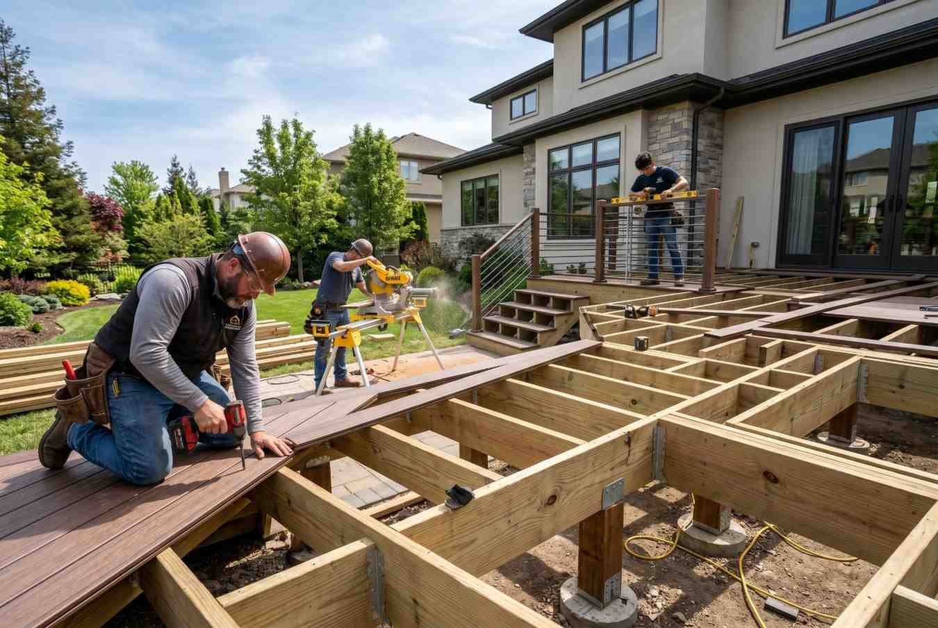 Professional deck builders installing composite decking and cable railings during a custom deck construction project, showcasing residential outdoor living space renovation, structural framing, deck replacement, skilled carpentry, and premium home improvement services for enhanced durability and property value.