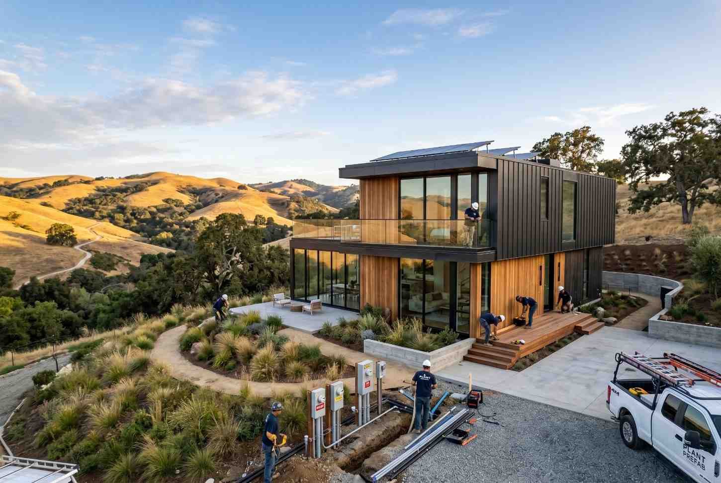 Modern custom home under construction on a scenic hillside, featuring sustainable architecture, energy-efficient design, solar panels, luxury residential building, professional contractors, and high-end landscaping, showcasing premium home construction and contemporary real estate development