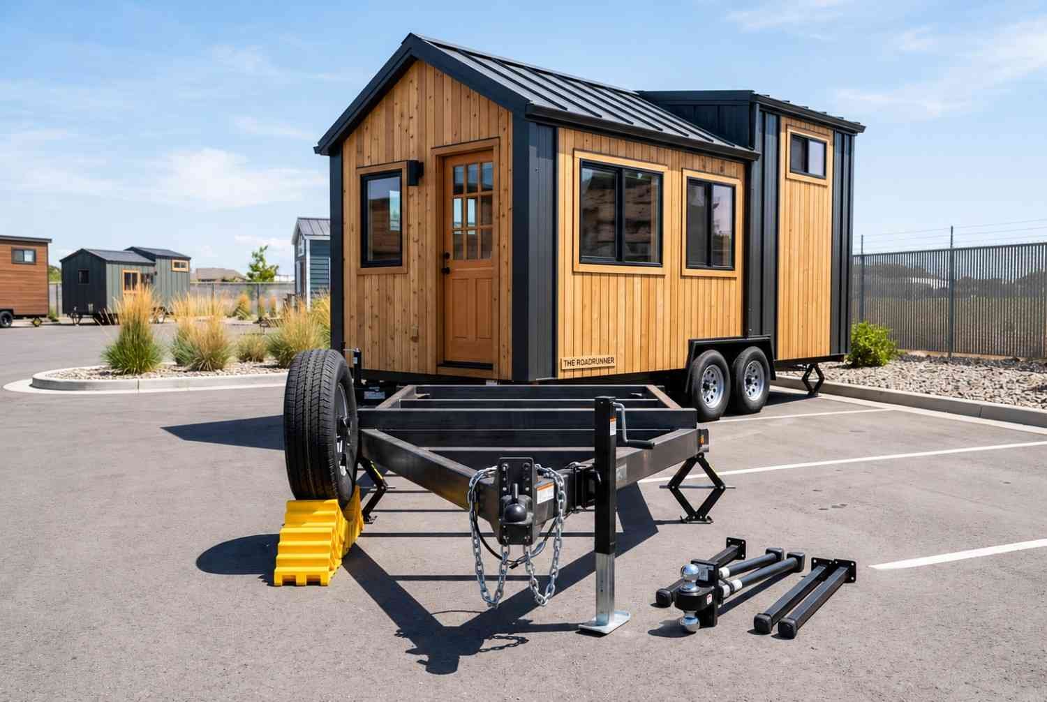 Tiny house on wheels with timber exterior and trailer.