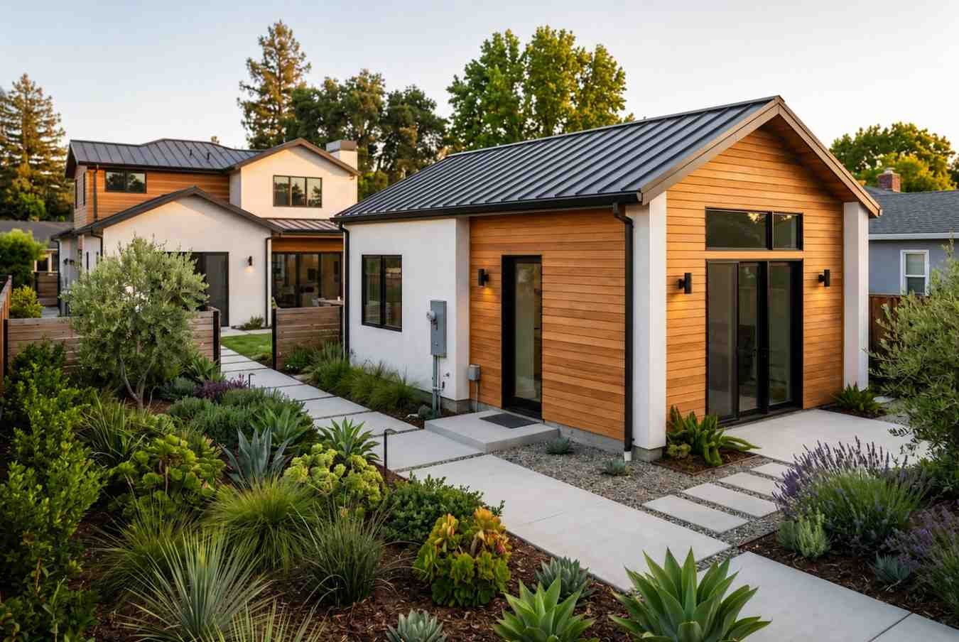 Modern detached ADU with landscaped front yard and wood exterior.