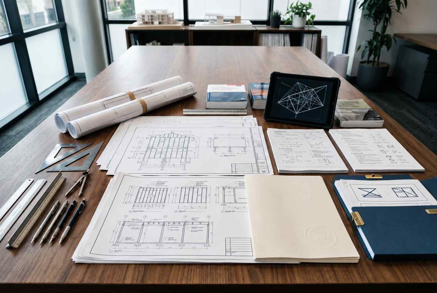 Structural engineering plans and blueprints on desk.