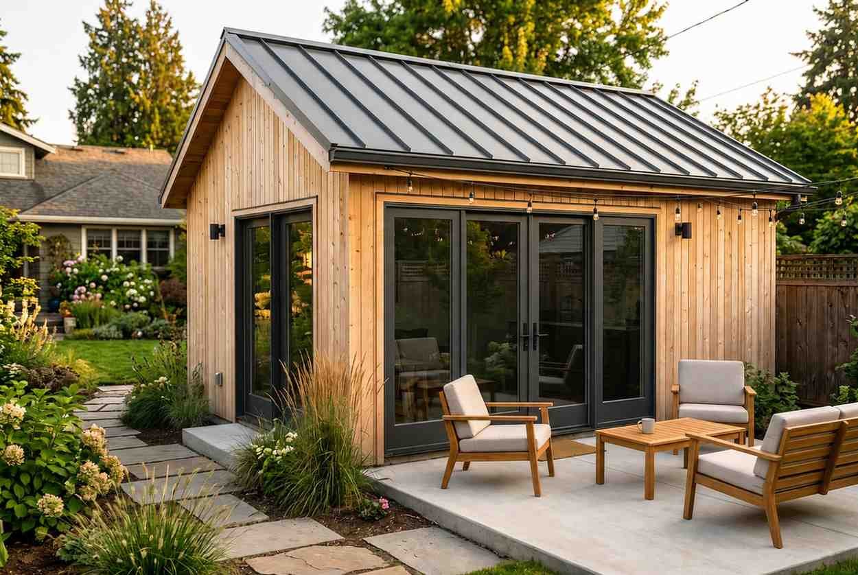 Modern backyard accessory dwelling unit (ADU) with natural wood siding, black metal roof, large glass doors, and a landscaped outdoor patio.