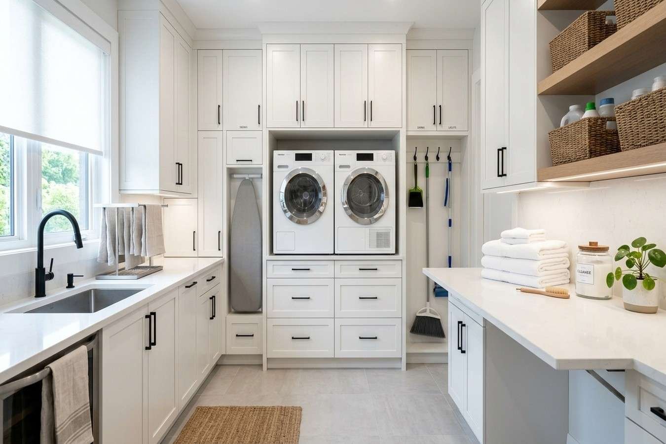 Modern laundry room with built-in cabinets, stacked washer and dryer, and storage.