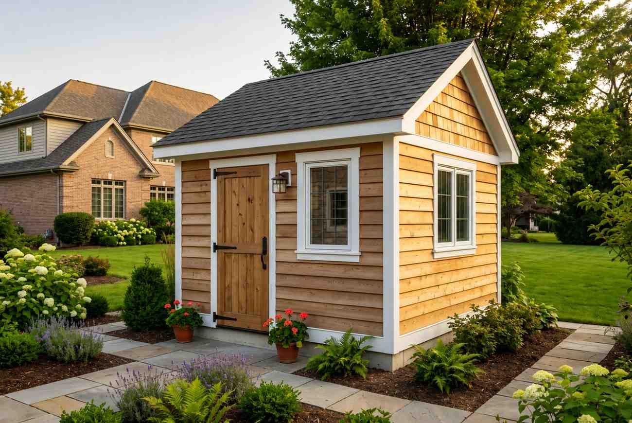 Small backyard cottage with wood siding, gable roof, and landscaped garden.