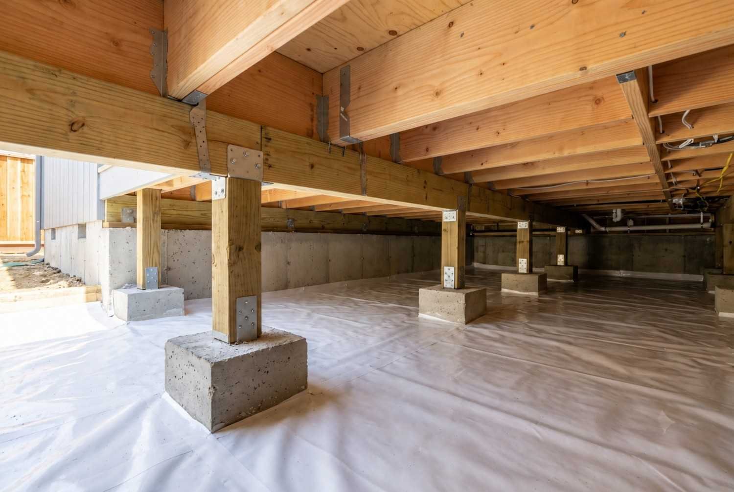 Crawl space foundation with wood beams, concrete piers, and vapor barrier.