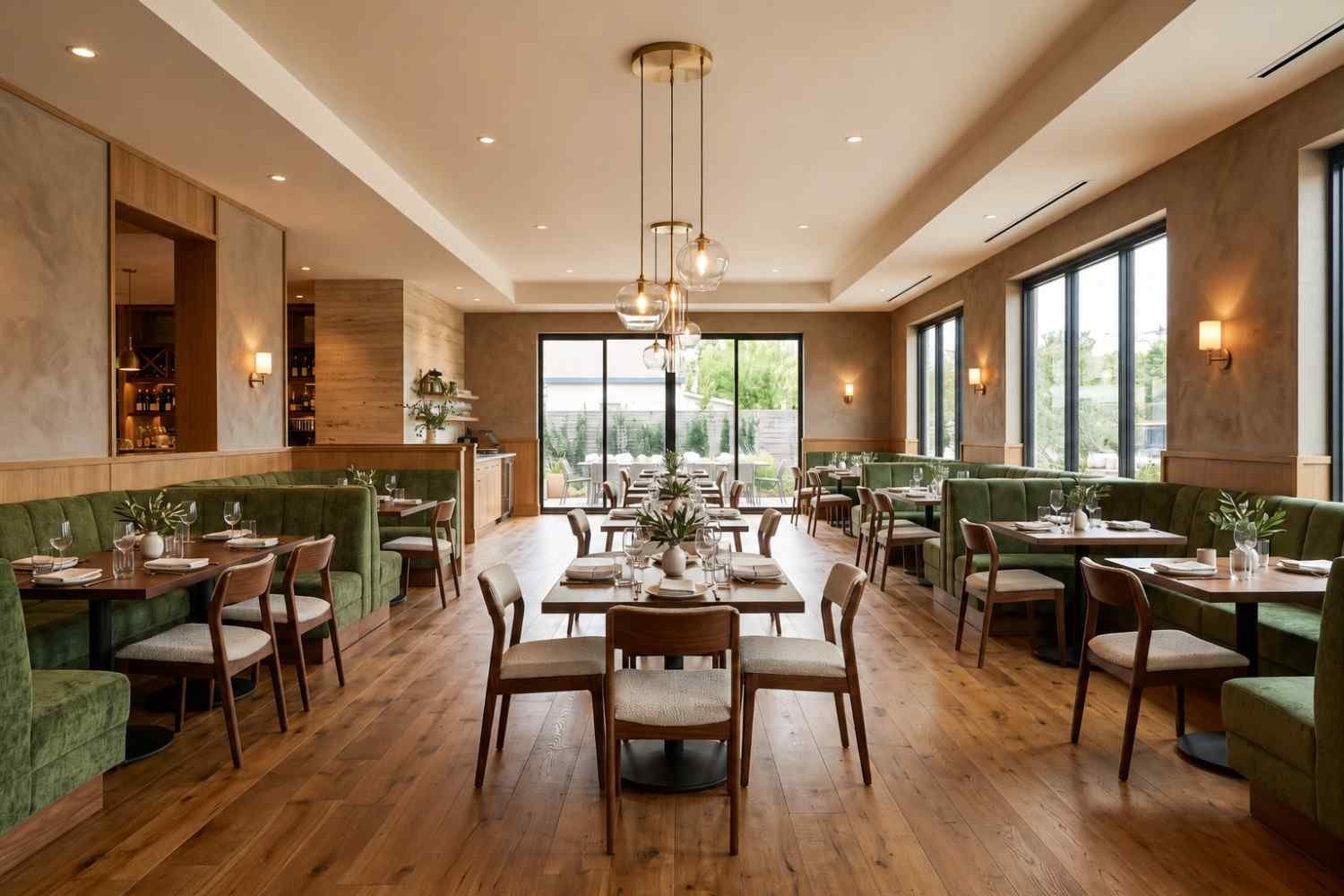 Modern restaurant dining room with green booth seating, wood flooring, elegant lighting, and a warm contemporary interior.
