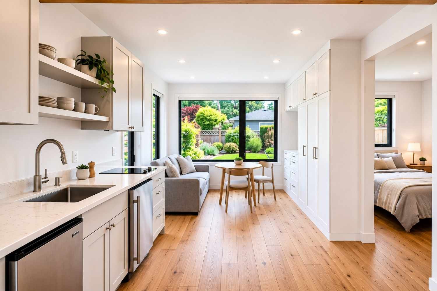 Bright modern ADU interior with kitchenette, dining area, living space, and bedroom.