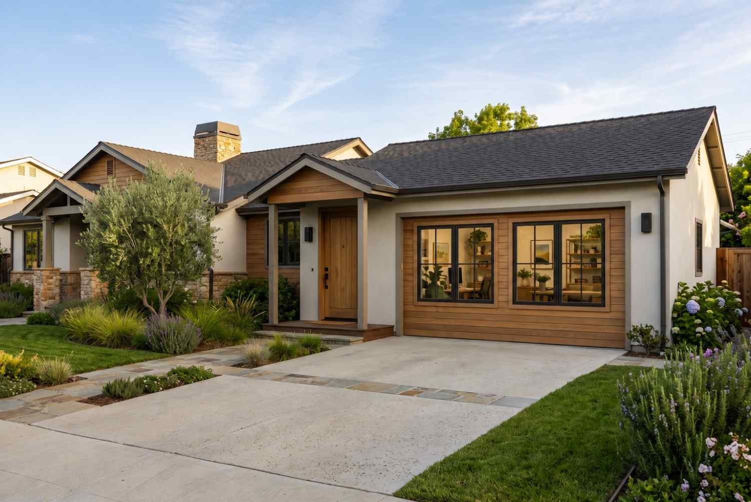 Newly built single-story home with modern exterior, driveway, and landscaped front yard.