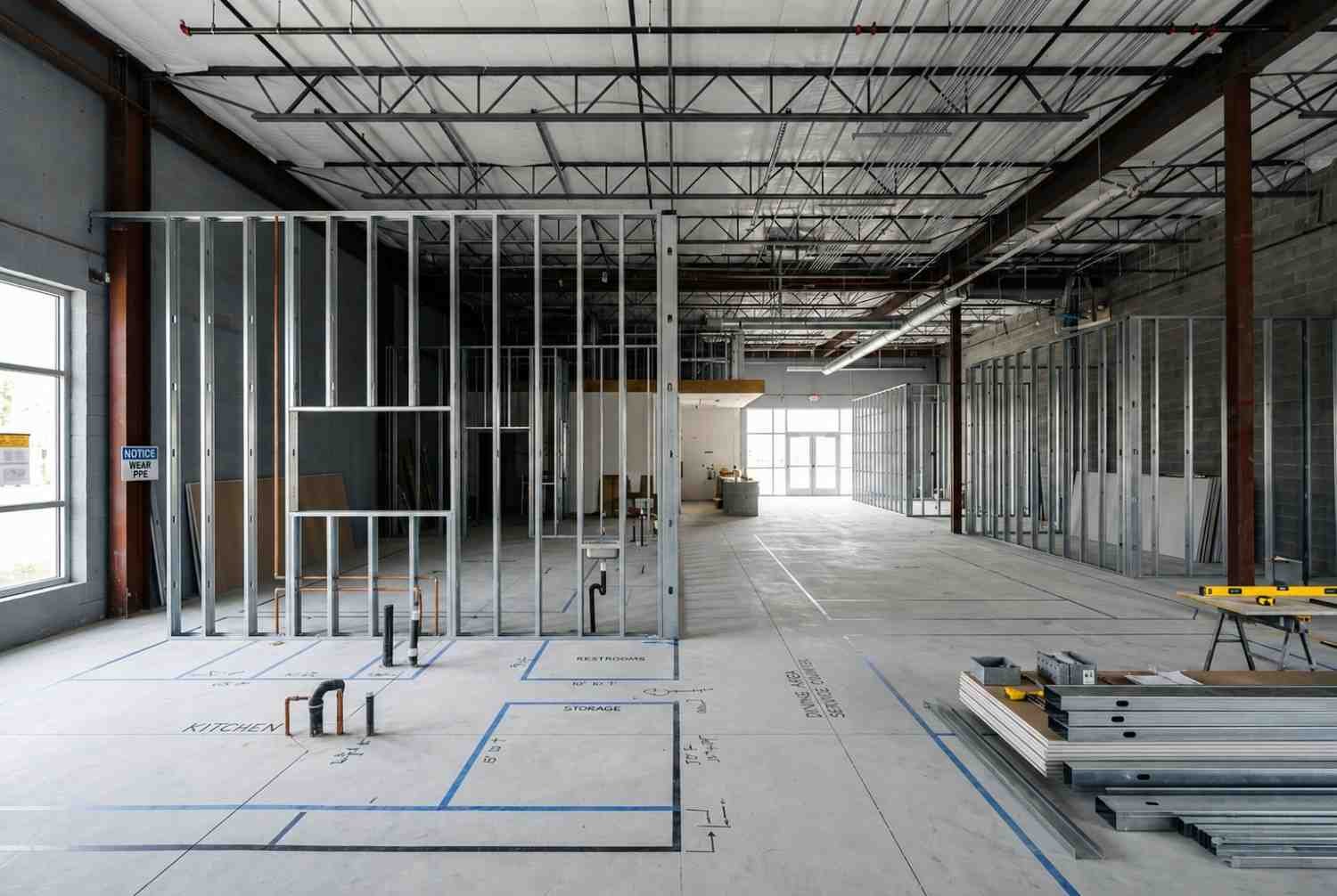 Commercial building under construction with steel stud framing, open floor plan, and layout markings for interior build-out.