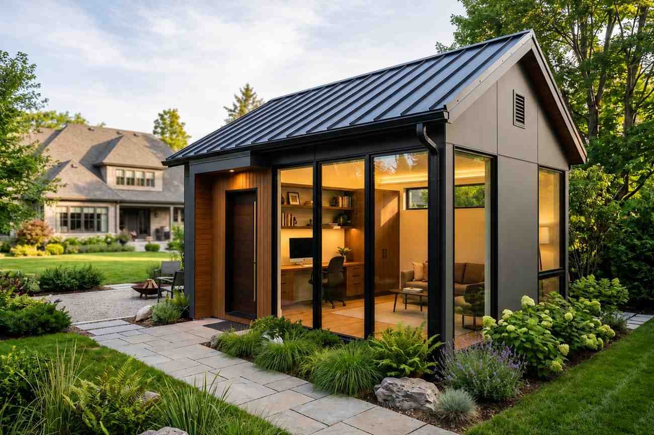 Modern backyard ADU with black metal roof, floor-to-ceiling windows, and landscaped garden.