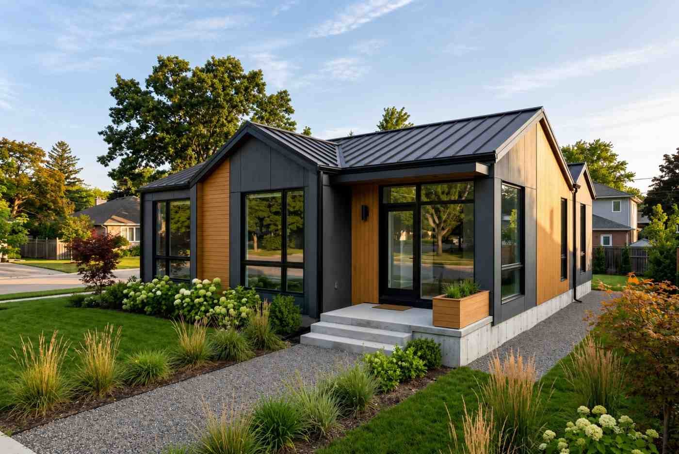 : Modern detached ADU with dark siding, wood accents, metal roof, and landscaped front yard.