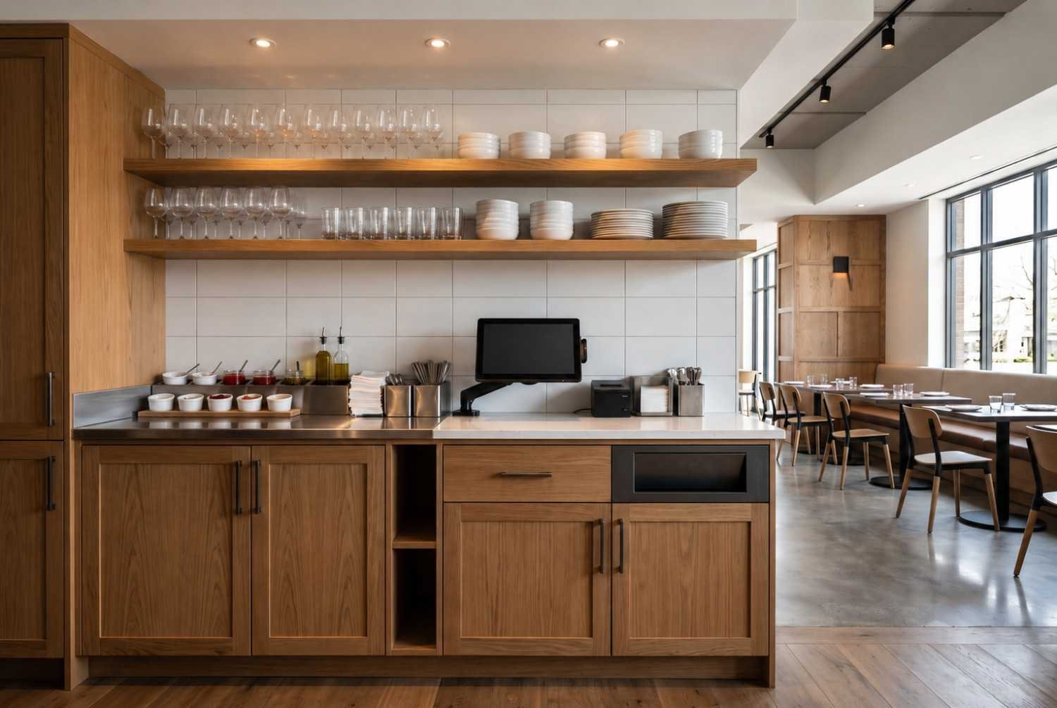 Modern commercial restaurant service station with wood cabinetry, open shelving, POS system, and dining area
