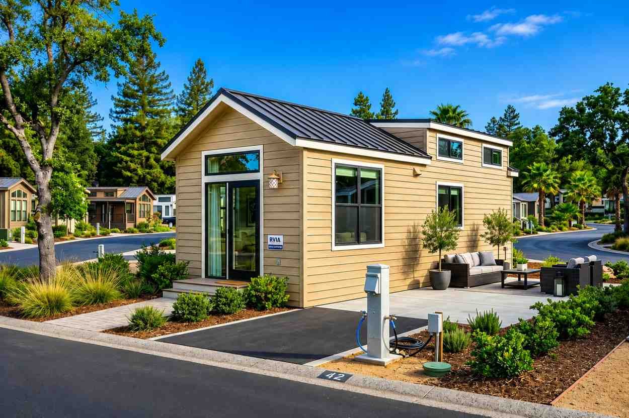 Modern tiny home with driveway, patio seating, and landscaped community surroundings.