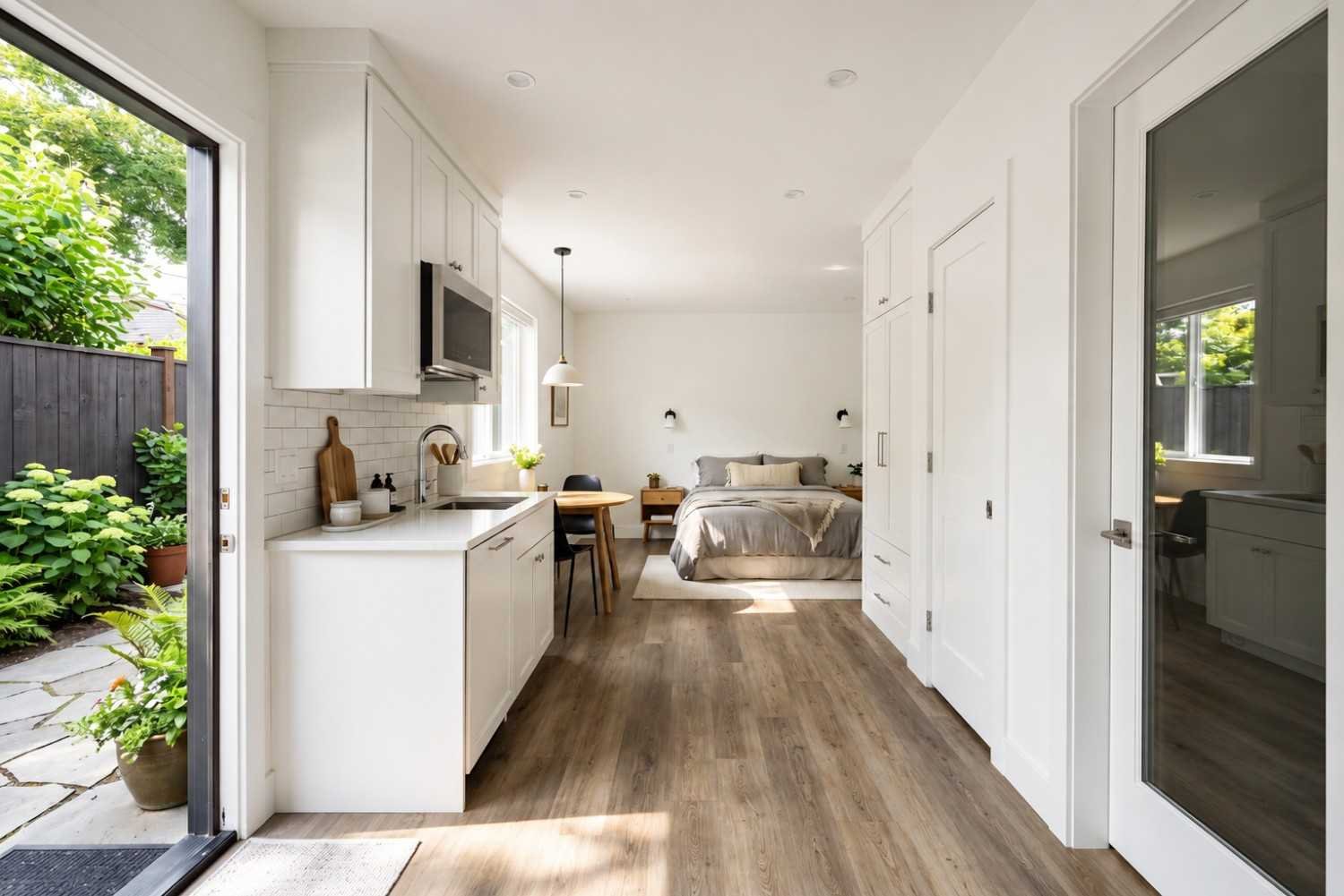 Bright modern ADU studio interior featuring a compact white kitchen, built-in storage, dining nook, open sleeping area, wood-look flooring, and natural light from large windows.