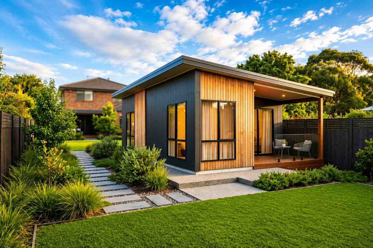 Modern backyard ADU with wood siding, covered patio, and landscaped garden.