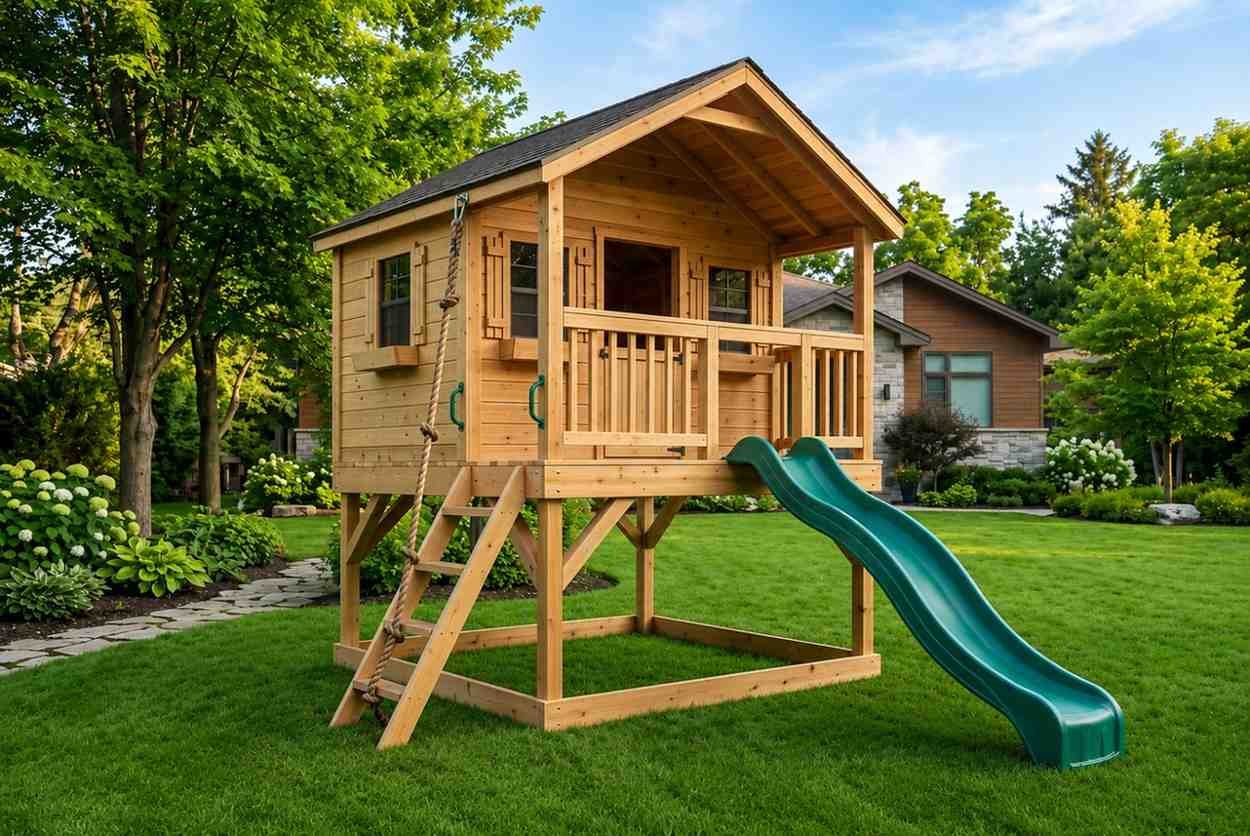 Wooden backyard playhouse on stilts with a covered porch, climbing rope, ladder, and green slide, surrounded by a landscaped residential yard.