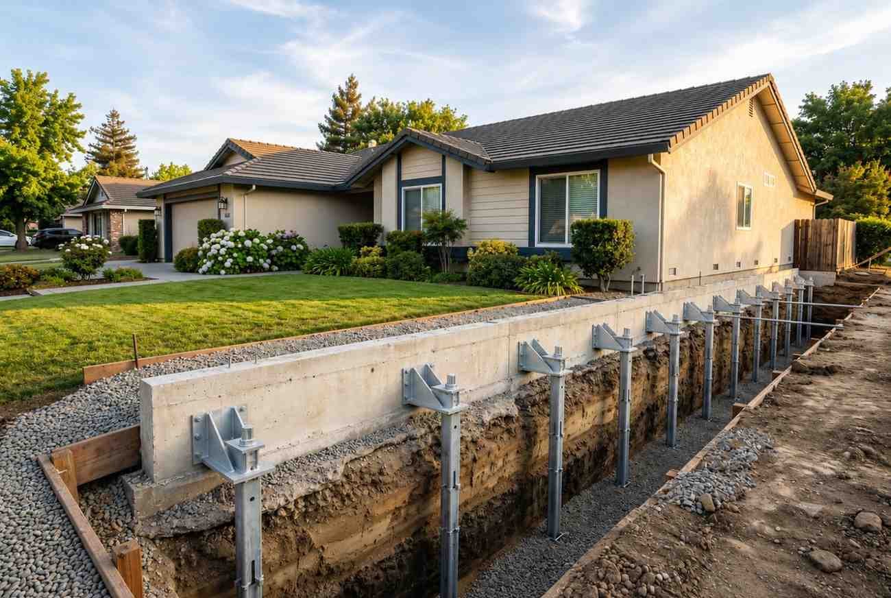 House foundation underpinning with steel piers.