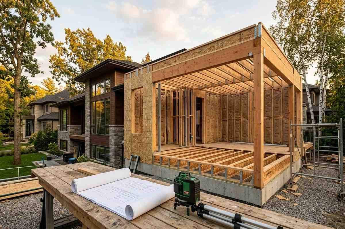 Home extension under construction with timber framing and blueprints.