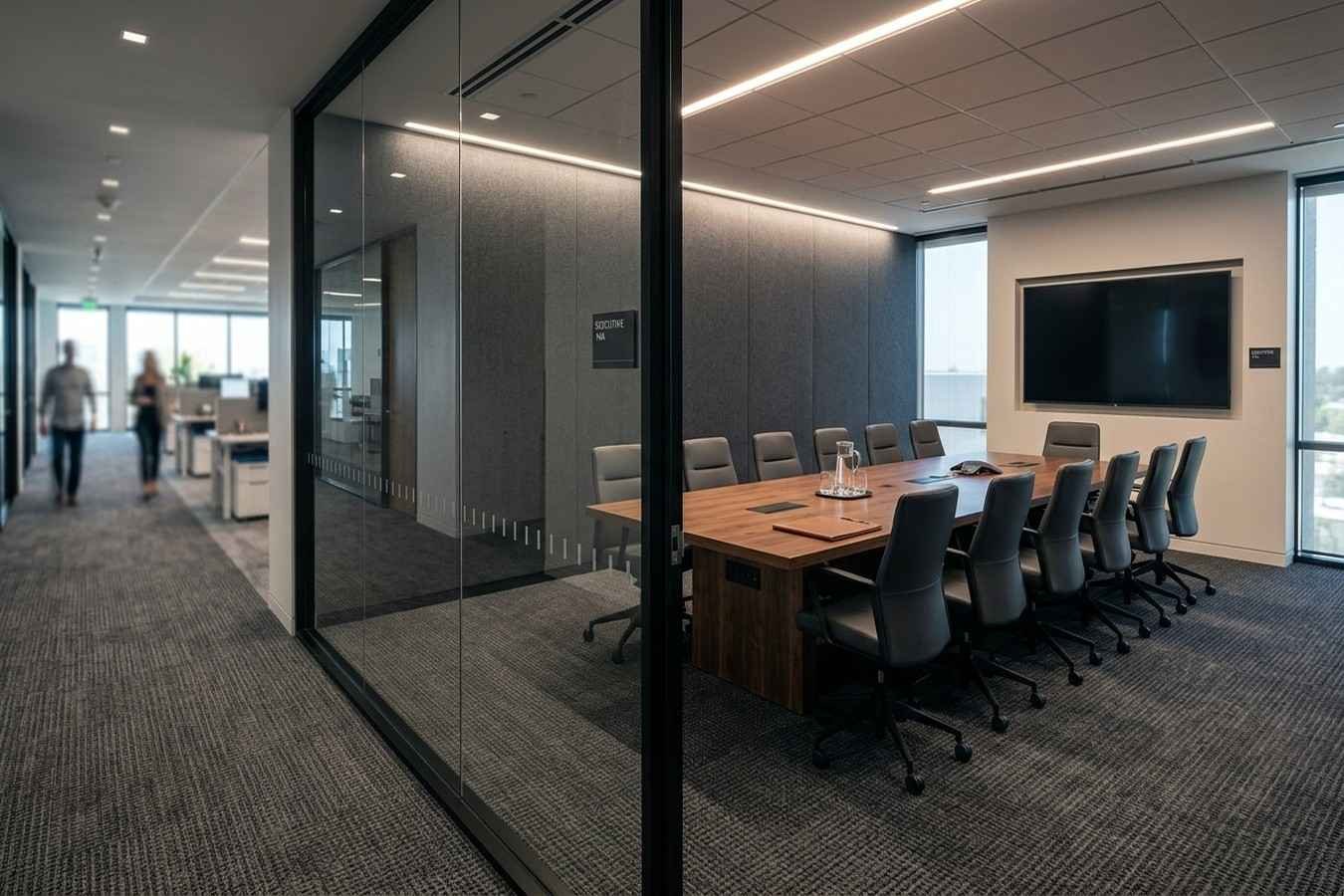 Modern executive conference room with glass walls, boardroom table, ergonomic chairs, and large display screen