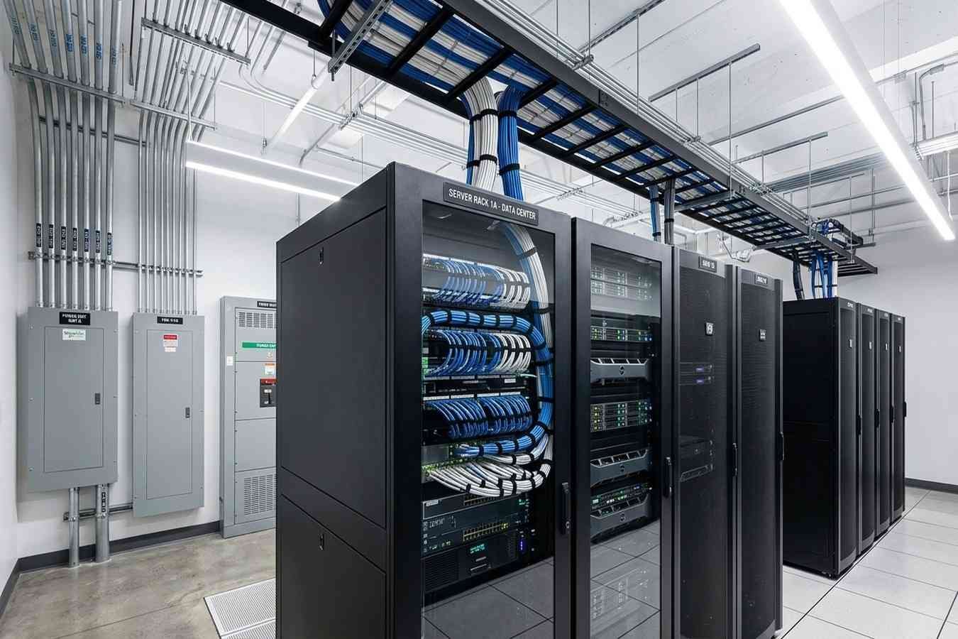 Modern office server room with organized network racks, structured cabling, electrical panels, and enterprise IT infrastructure.