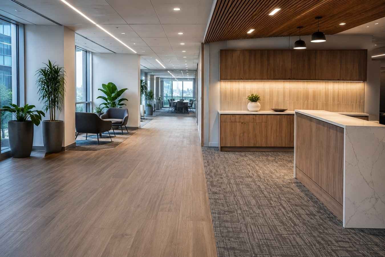 Modern office lobby with a kitchenette, wood cabinetry, seating area, and contemporary commercial interior design.