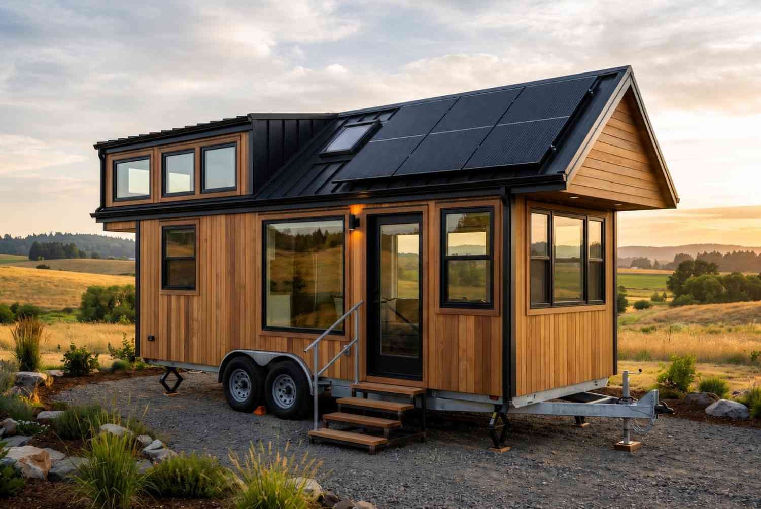 Tiny house on wheels with rooftop solar panels in a rural setting.