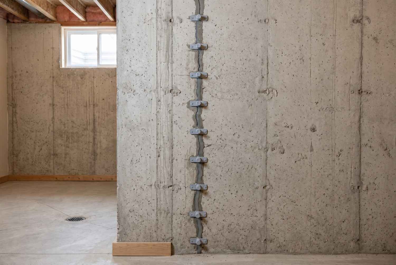 Basement wall crack repaired with wall anchors.