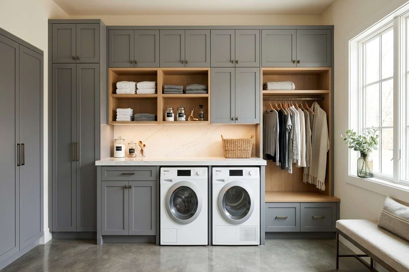 Laundry room with custom storage cabinets, washer, dryer, and hanging space.