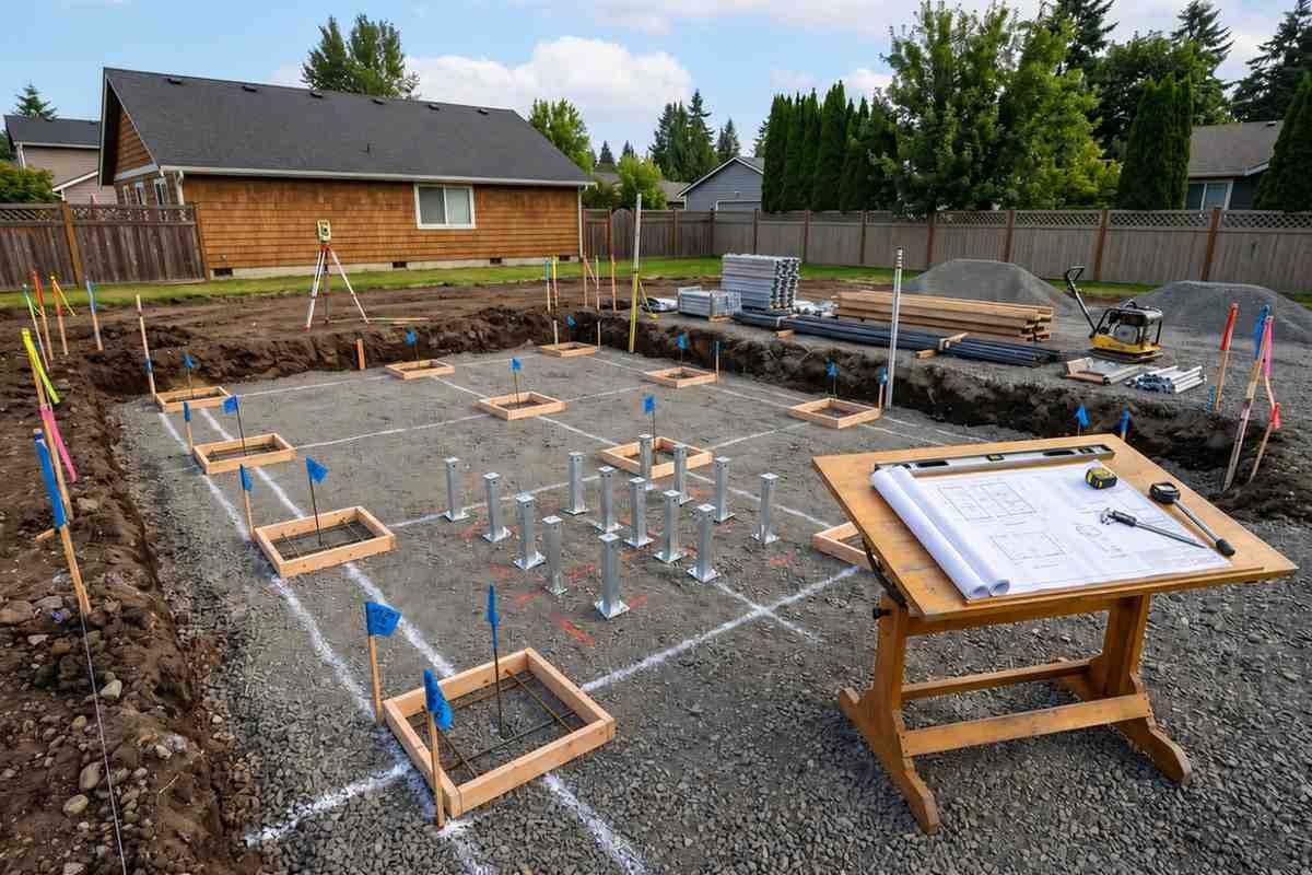 New home foundation layout with construction plans.