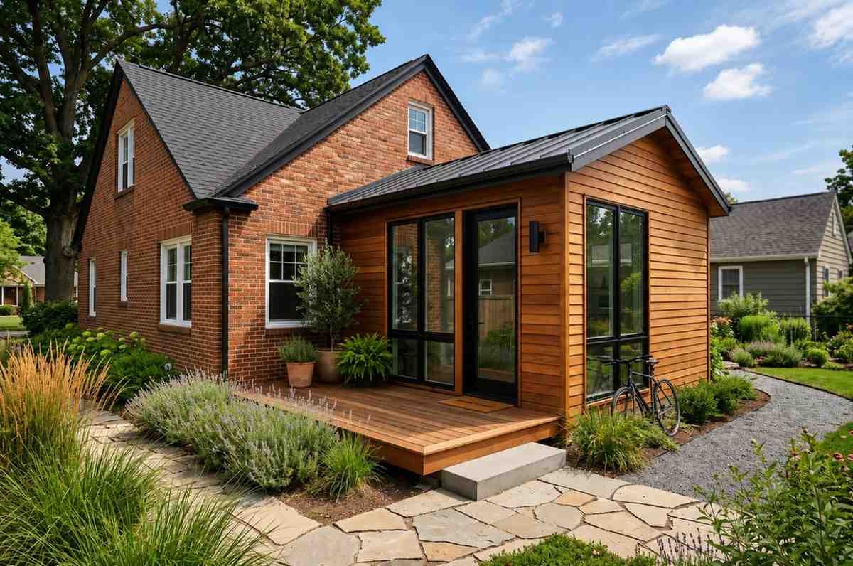 Brick home with a modern wood-clad rear extension featuring large black-framed windows, a small timber deck, landscaped garden, and contemporary outdoor design.