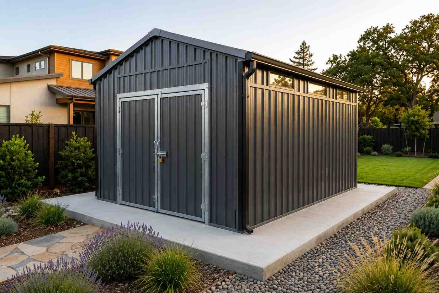Modern black metal storage shed with double doors on a landscaped concrete pad.