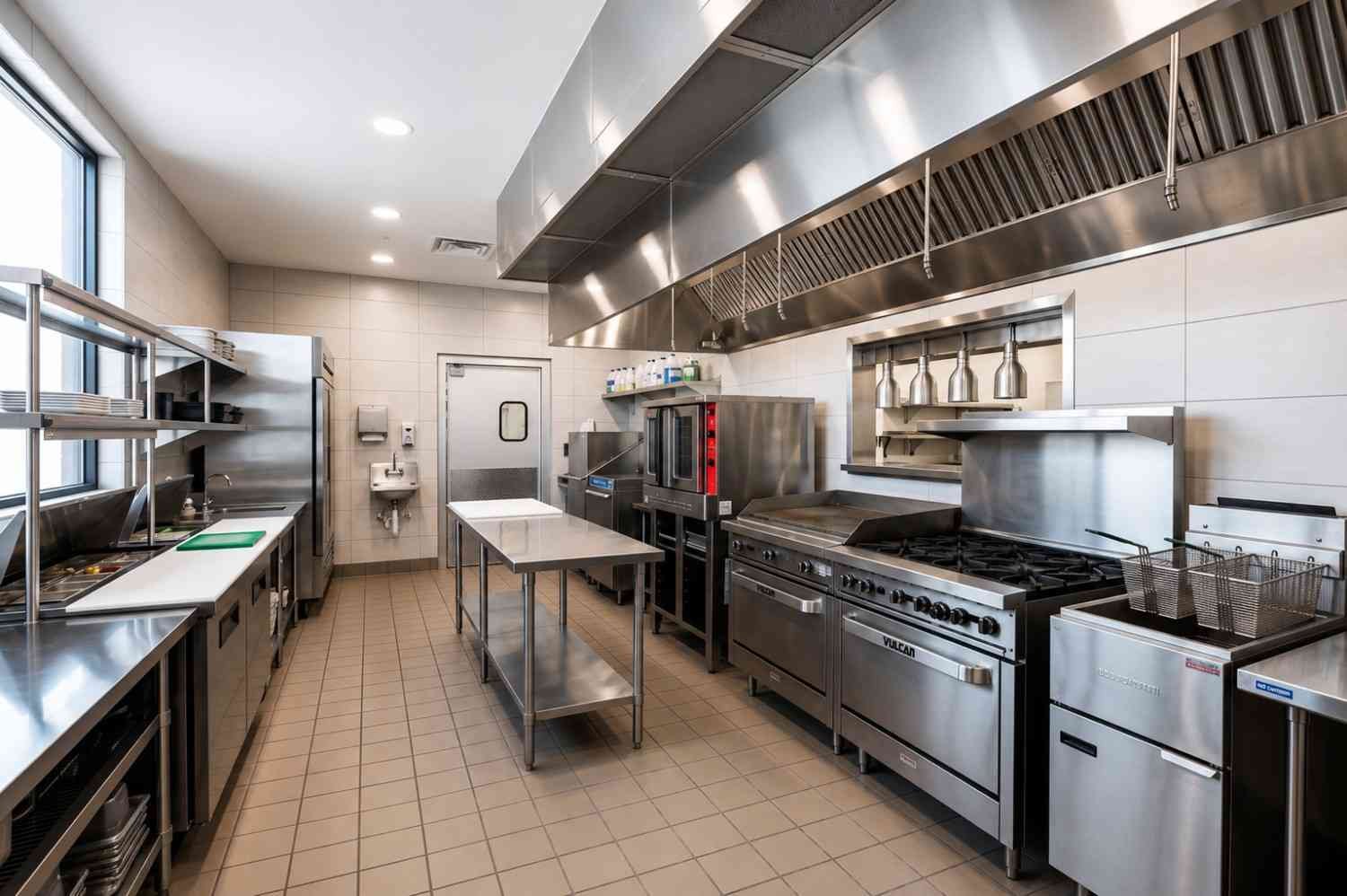Commercial restaurant kitchen with stainless steel cooking equipment, ventilation hood, prep stations, and professional food service layout.