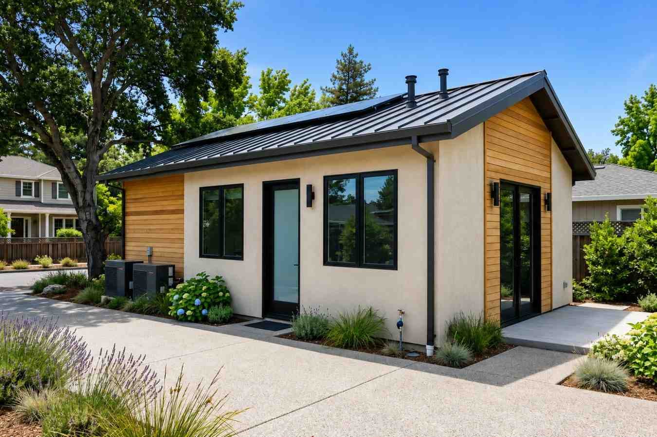 Modern detached ADU with wood accents, solar panels, and landscaped driveway.