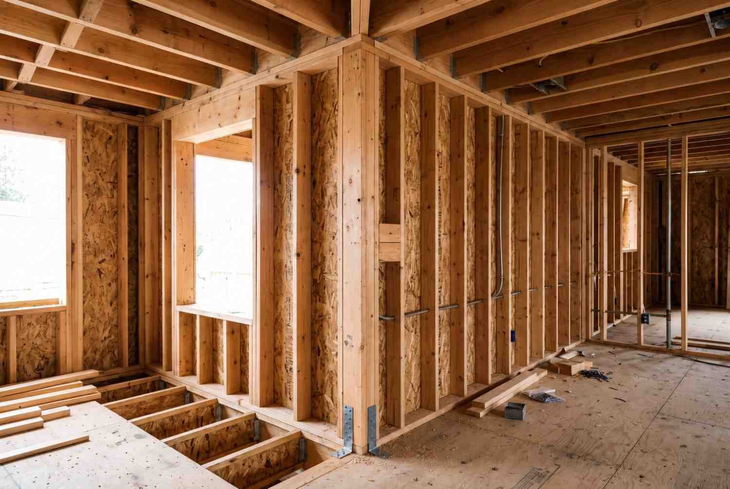 Interior wood wall framing with exposed studs during residential home construction.