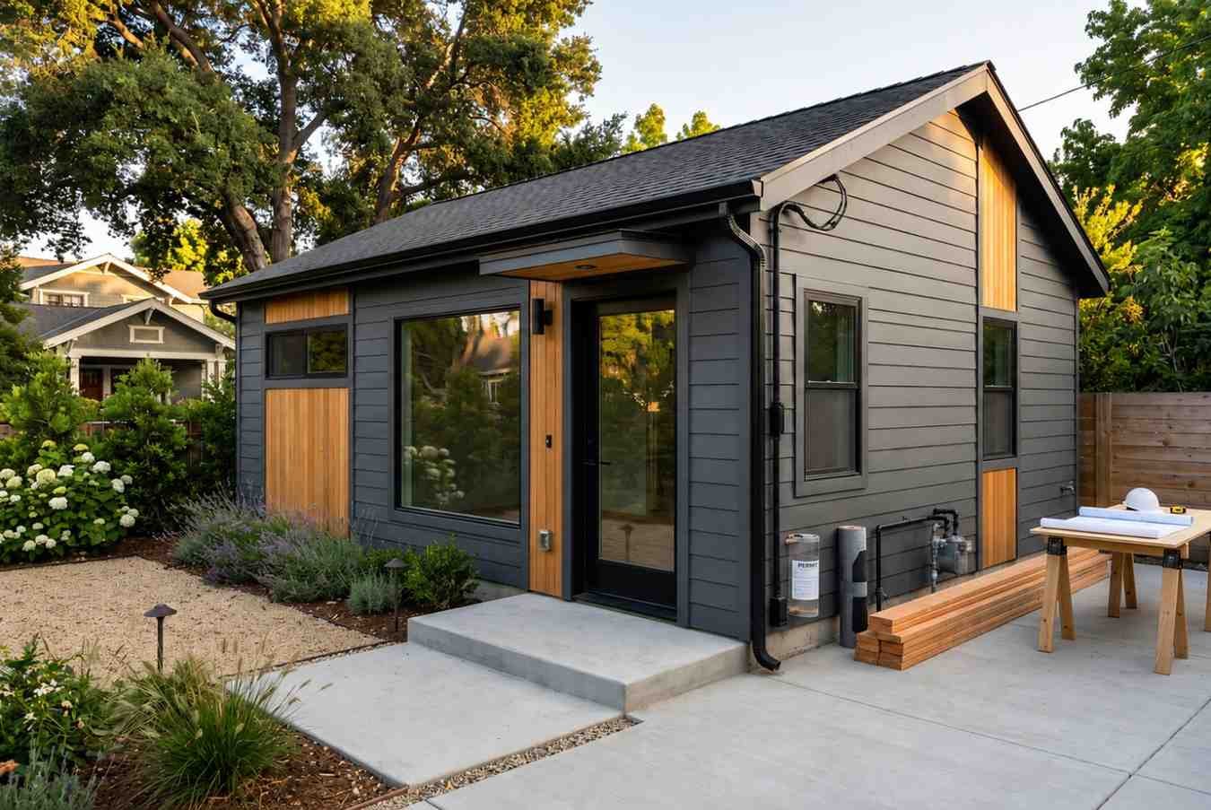 Modern backyard ADU with dark siding, wood accents, and contemporary exterior design.