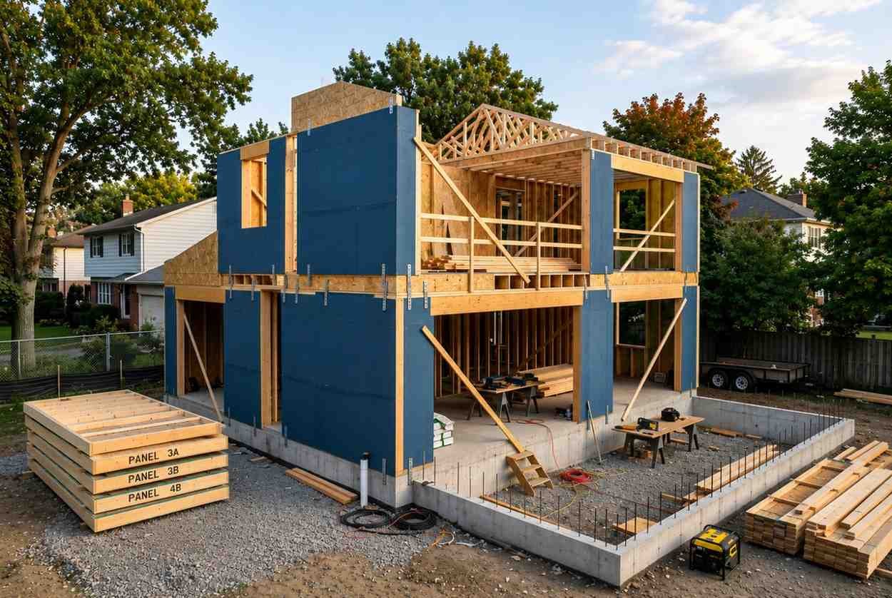 Two-story ADU under construction with wood framing, sheathing panels, and concrete foundation.