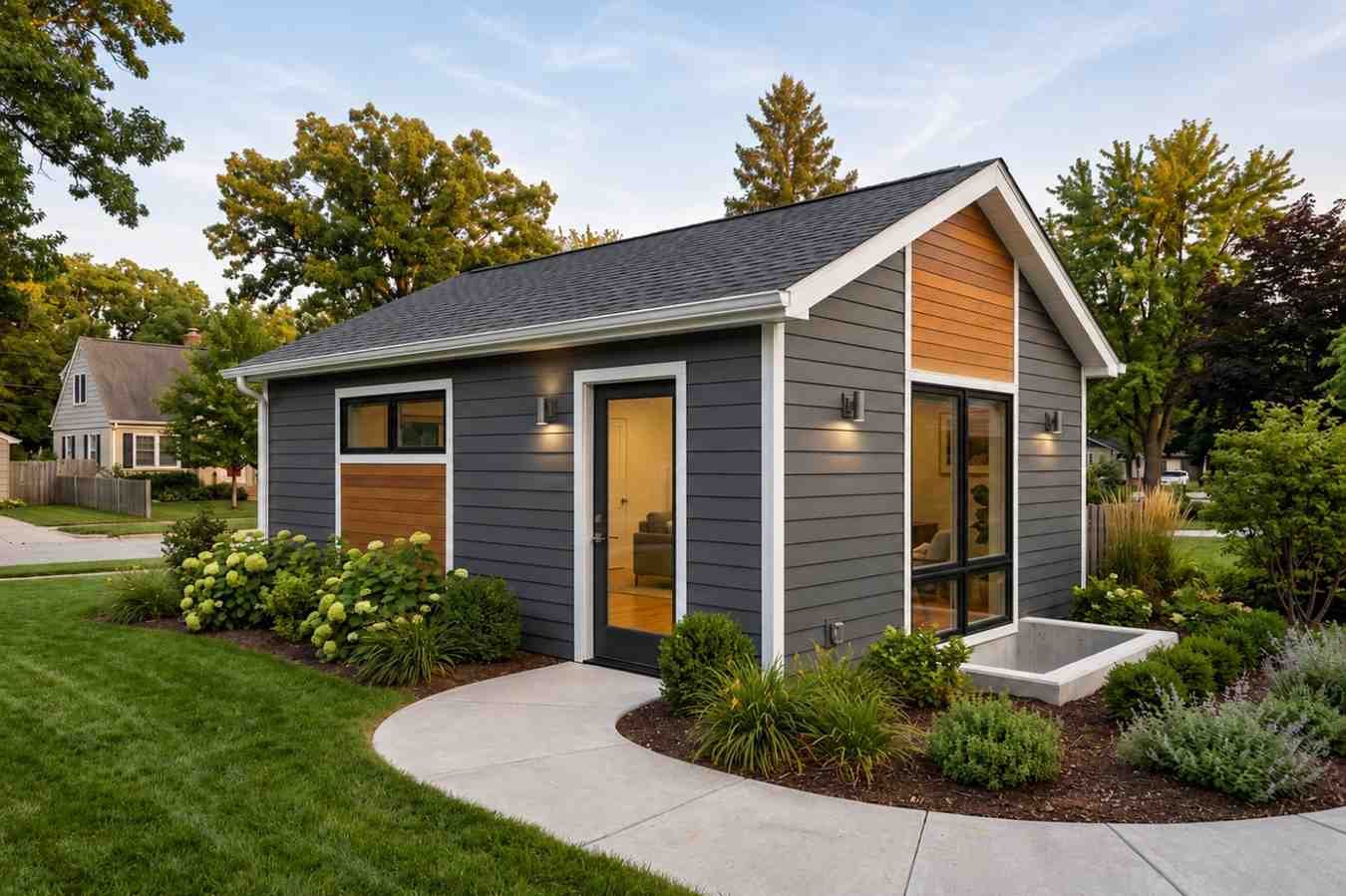 Modern detached ADU with gray siding, wood accents, landscaped yard, and curved concrete walkway.