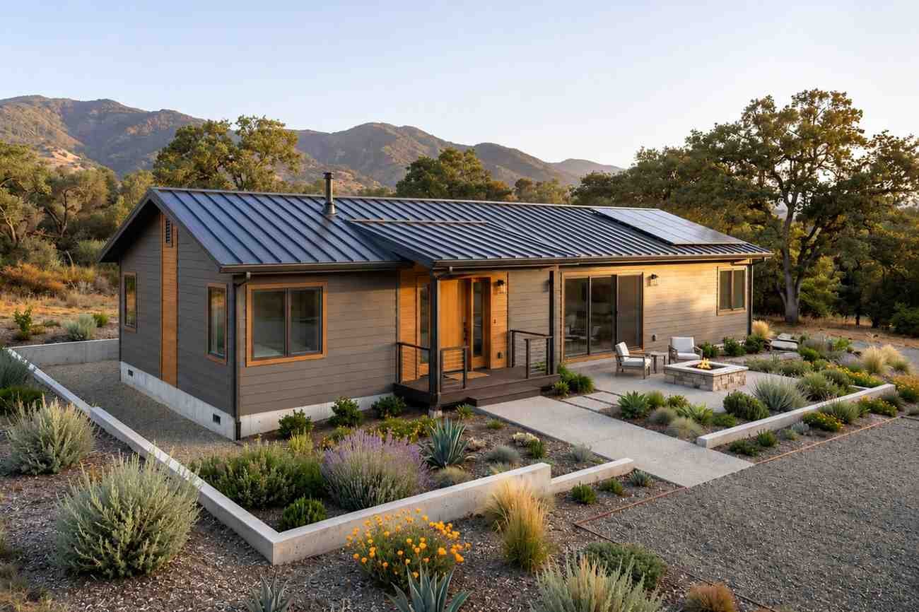 Modern single-story home with solar panels, landscaped yard, mountain views, and outdoor fire pit.
