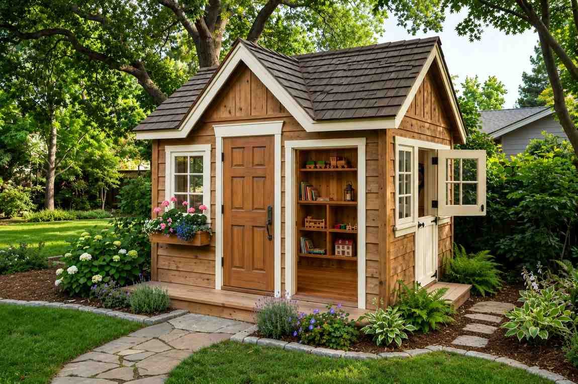 Charming wooden backyard playhouse with cedar siding, white trim, flower boxes, and open windows, surrounded by a landscaped garden and mature trees.