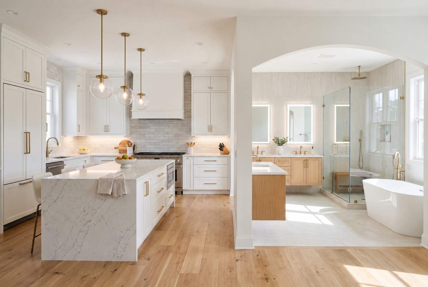 Modern white kitchen and luxury bathroom renovation.