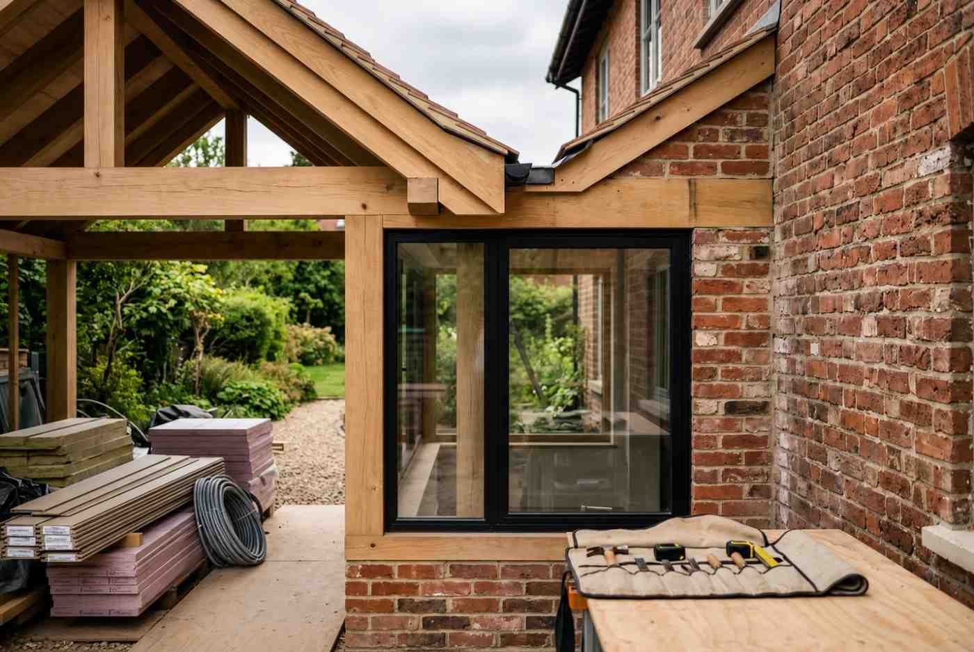 Timber-framed brick home extension under construction.