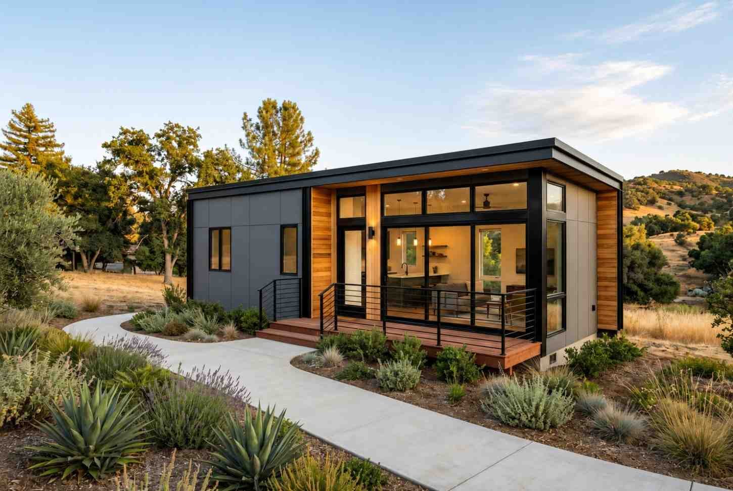 Modern prefab home with black exterior, large windows, and landscaped front yard.